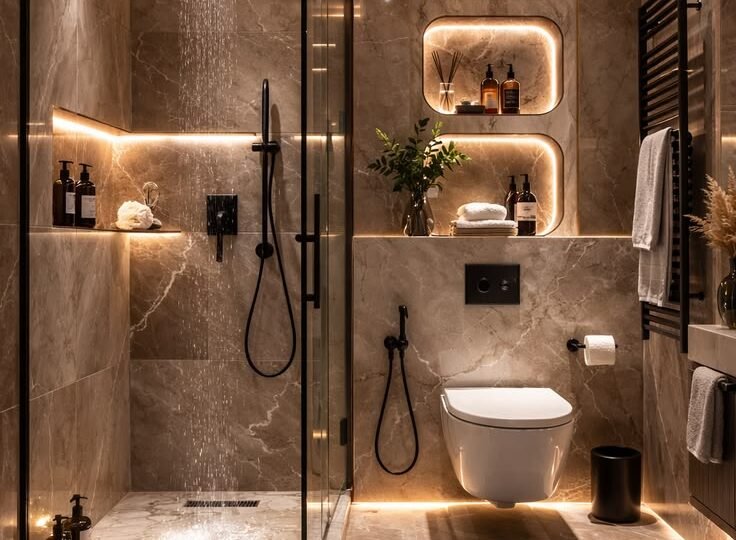 Modern Marble Spa Bathroom with Warm LED Glow